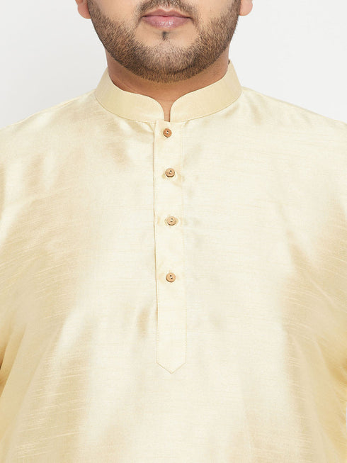 Vastramay Men's Plus Size Gold Zari Weaved Nehru Jacket With Curved Kurta Dhoti set